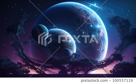 Blue planet with three moons covered with purple luminous organic web Blue planet with three moons covered with purple luminous organic web 100557119