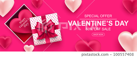 Valentines day sale web banner. Realistic gift box with bow and heart. Valentines day sale web banner. Realistic gift box with bow and heart. 100557408