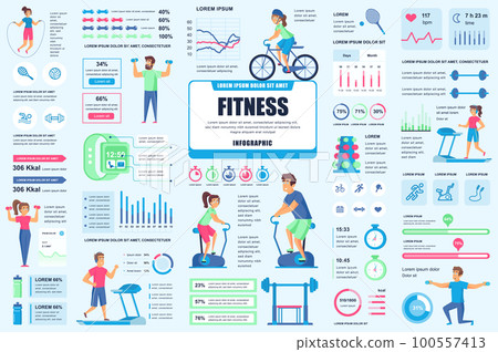 Bundle fitness and sports infographic UI, UX, KIT elements. Different charts, diagrams, workflow, fitness equipment, gym, cardio workout design template. 100557413