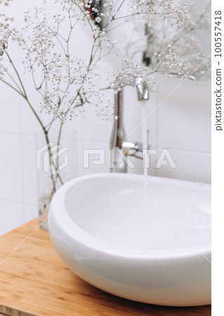 Beautiful white flowers in vase near modern sink in bathroom, water pouring on background Beautiful white flowers in vase near modern sink in bathroom, water pouring on background 100557418