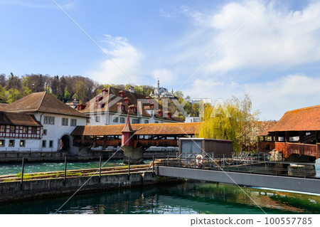 Spreuer bridge spanning the river Reuss in the city of Lucerne, Switzerland 100557785