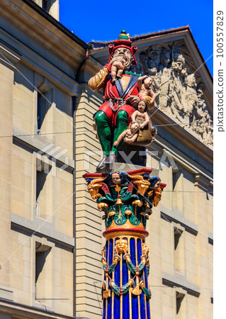 Child Eater Fountain (Kindlifresserbrunnen) is a painted stone fountain in old city of Bern, Switzerland. Built in 1545-1546 Child Eater Fountain (Kindlifresserbrunnen) is a painted stone fountain in old city of Bern, Switzerland. Built in 1545-1546 100557829