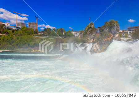 View of Rhine Falls in Schaffhausen canton, Switzerland. Most powerful waterfall in Europe View of Rhine Falls in Schaffhausen canton, Switzerland. Most powerful waterfall in Europe 100557849