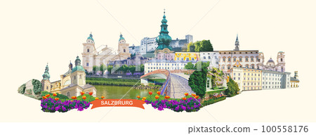 Panoramic view of Salzburg skyline with river Salzach, Salzburger Land, Austria Panoramic view of Salzburg skyline with river Salzach, Salzburger Land, Austria 100558176