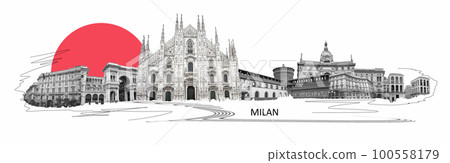 Photo collage from Milan, Italy. Collage includes major landmarks like the castle, cathedral. Art design concept 100558179