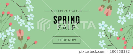 Spring Sale Header or Banner Design with Get Extra 40 Off with flowers on green Background. Spring Sale Header or Banner Design with Get Extra 40 Off with flowers on green Background. 100558382