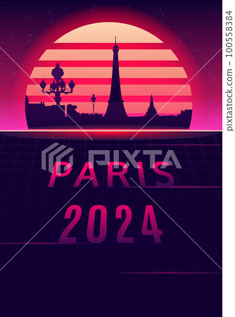Paris 2024 silhouette with sunset background. Paris 2024 silhouette with sunset background. 100558384
