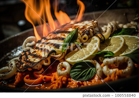 Mixed seafood contains squid, mussels, large shrimp.  Mixed seafood contains squid, mussels, large shrimp.  100558840