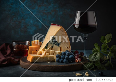 Red wine with grapes, rosemary, prosciutto, and blue cheese on a dark background 100558898