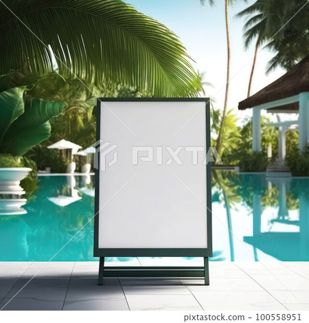 empty billboard by the pool in the relaxation area, banners with free space  100558951
