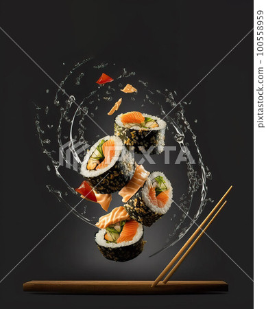 Sushi, rolls and soy sauce levitate over a plate on a black background Sushi, rolls and soy sauce levitate over a plate on a black background 100558959
