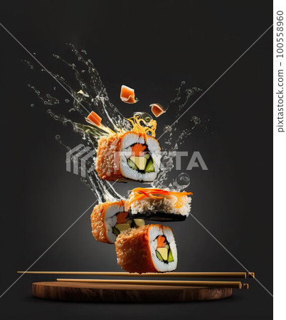 Sushi, rolls and soy sauce levitate over a plate on a black background Sushi, rolls and soy sauce levitate over a plate on a black background 100558960