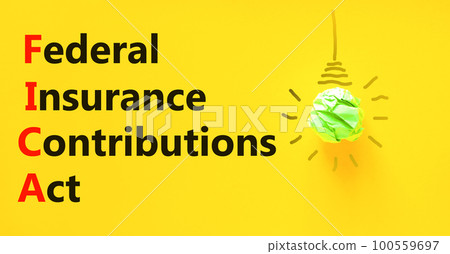 FICA symbol. Concept words FICA federal insurance contributions act on yellow paper beautiful yellow background. Light bulb icon. Business FICA federal insurance contributions act concept. Copy space FICA symbol. Concept words FICA federal insurance contributions act on yellow paper beautiful yellow background. Light bulb icon. Business FICA federal insurance contributions act concept. Copy space 100559697