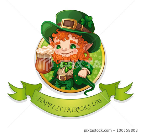 Cute little leprechaun raises a mug of foamy beer in honor of St. Patricks Day 100559808