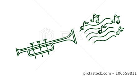 Playing trumpet and notes linear icon. Vector illustration. 100559811