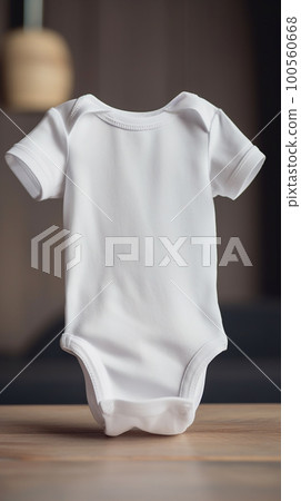 Mockup of white baby bodysuit on dark background. Ai generated illustration. 100560668