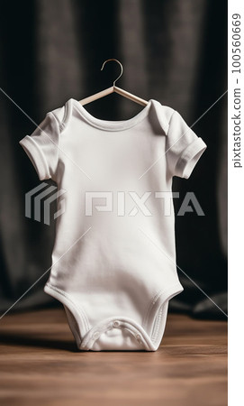 Mockup of white baby bodysuit on dark background. Ai generated illustration. Mockup of white baby bodysuit on dark background. Ai generated illustration. 100560669