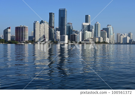 Miami Florida skyline reflected on calm Biscayne Bay in morning light. 100561372