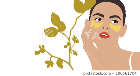 Woman with golden eye patches. Skincare routine. Preparation for the holiday. Vector illustration concept. Woman with golden eye patches. Skincare routine. Preparation for the holiday. Vector illustration concept. 100561704