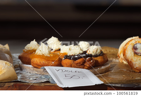 Bavarian doughnutsdisplayed at Prague farmers market 100561819