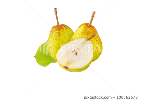 Pear Rocha fruits with leaf isolated on white Pear Rocha fruits with leaf isolated on white 100562678