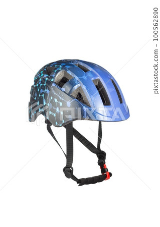 A studio shot of a black and blue helmet for byciclist isolated on white background. 100562890