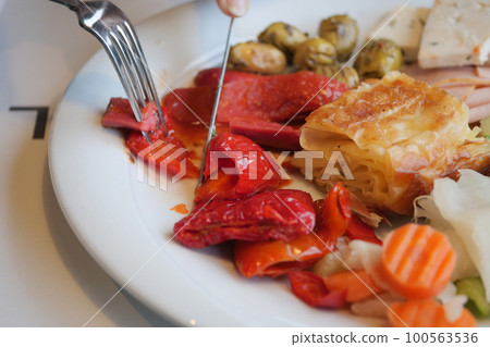 Woman slicing salami sausage on a plate  100563536