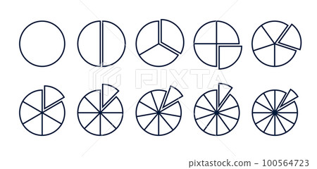 Circles divided diagram 3, 10, 7, graph icon pie shape section chart. Segment circle round vector 6 100564723