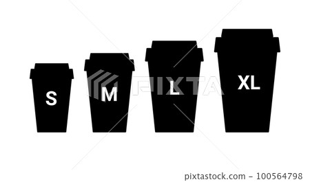 Coffee cup plastic size icon. Large small takeaway coffee cup vector line icon illustration sizes Coffee cup plastic size icon. Large small takeaway coffee cup vector line icon illustration sizes 100564798