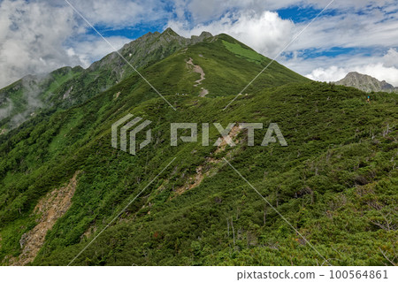 The ridgeline of Mt. Nishihotaka seen from the Northern Alps near Nishiho Sanso 100564861