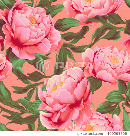 Seamless floral pattern with peonies on a pink background. Generative ai 100565806