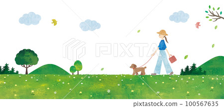 Woman walking the dog and meadow landscape watercolor painting 100567635