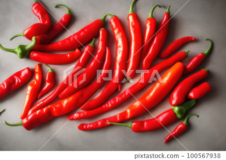 Red hot chili peppers on black background. Top above view. Overhead. Flat lay. Close-up. Full frame. 100567938
