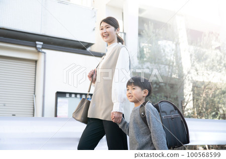 背著書包的孩子在上下學路上和媽媽說話 背著書包的孩子在上下學路上和媽媽說話 100568599