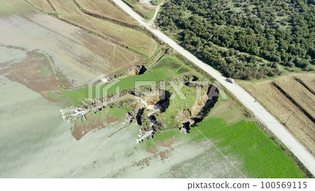 aerial view of underground sinkhole waterfall as water flows aerial view of underground sinkhole waterfall as water flows 100569115