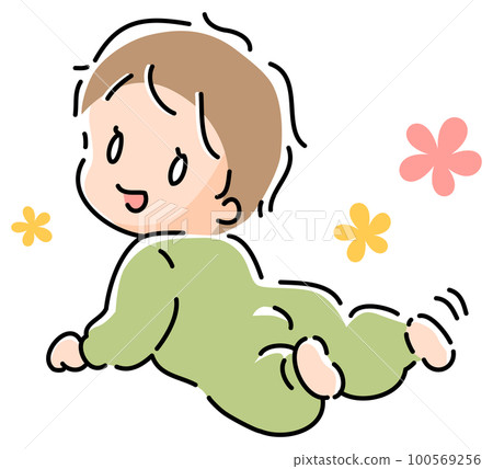 Smiling baby turning around on his stomach Smiling baby turning around on his stomach 100569256