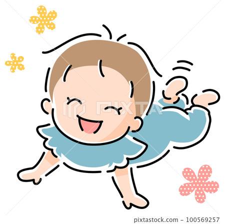 微笑的嬰兒在他的肚子上抬起頭 100569257