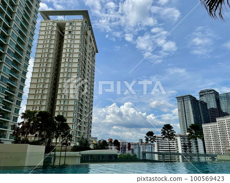 Tropical sky looking up from the condominium pool 100569423