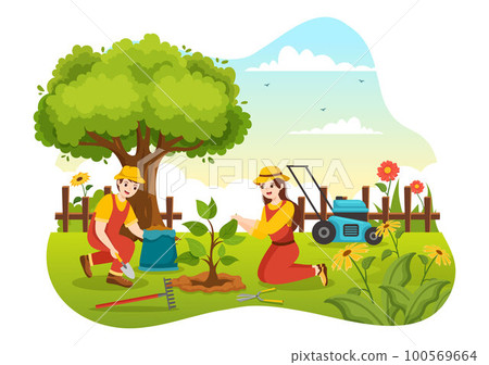 Gardener Illustration with Garden Tools, Farming, Grows Vegetables in Botanical Summer Gardening Flat Cartoon Hand Drawn for Landing Page Templates 100569664