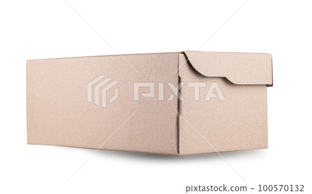 Brown cardboard shoes box with lid for shoe or sneaker product packaging mockup, isolated on white background with clipping path. 100570132