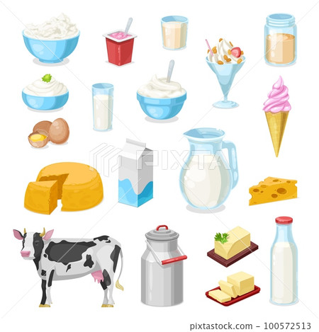 Milk products, vector icons of dairy farm food. Cheese, butter, yogurt glass bottle and cream jug, cow, bowls of cottage cheese, sour cream and ice cream, milkshake, eggs, fermented milk and margarine 100572513