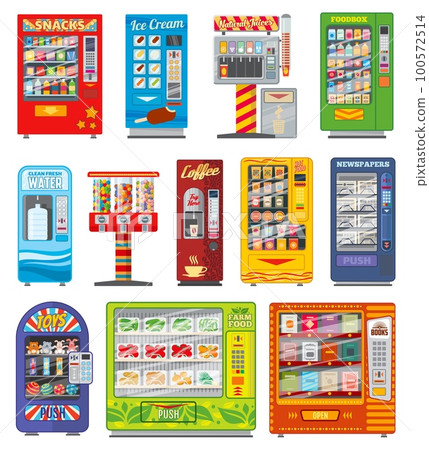 Vending machine vector design of snack food, soda and coffee drink automatic selling. Candy, water and juice dispensers, soft beverage bottles and cans, sandwiches, chocolate, ice cream and newspaper Vending machine vector design of snack food, soda and coffee drink automatic selling. Candy, water and juice dispensers, soft beverage bottles and cans, sandwiches, chocolate, ice cream and newspaper 100572514