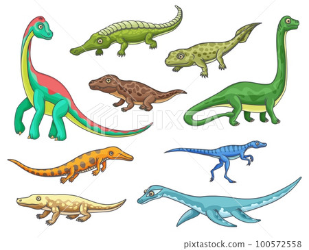 Dinosaur monster animal icons of cartoon dino reptiles. Prehistoric brachiosaurus, mesosaurus, erythrosuchus and eoraptor, ichthyostega, omeisaurus and ambulocetus, sarcosuchus and pliosauroidea Dinosaur monster animal icons of cartoon dino reptiles. Prehistoric brachiosaurus, mesosaurus, erythrosuchus and eoraptor, ichthyostega, omeisaurus and ambulocetus, sarcosuchus and pliosauroidea 100572558