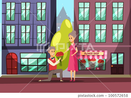 Old man makes marriage proposal standing on knee to old woman. Proposed wedding concept, old couple in love. Man with flowers makes a woman an offer of marriage at street, elder relationship 100572658