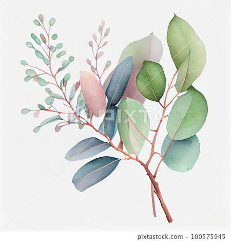 Watercolor twigs and leaves on white background Watercolor twigs and leaves on white background 100575945