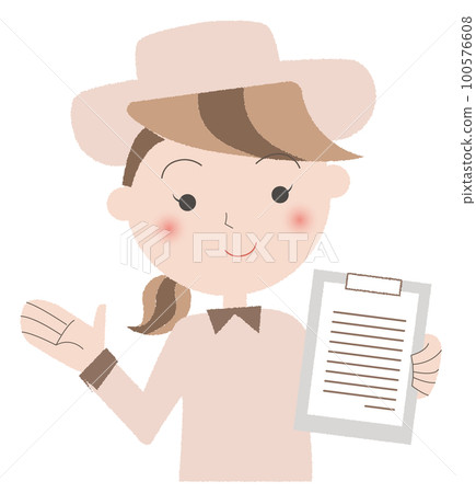 一位穿著米色制服的接待員，左手拿著活頁夾 100576608