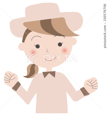 身穿米色制服、擺出膽量姿勢的微笑嚮導 身穿米色制服、擺出膽量姿勢的微笑嚮導 100576706