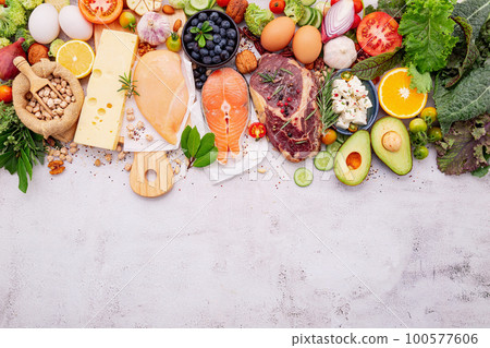 Ketogenic low carbs diet concept. Ingredients for healthy foods selection set up on white concrete background. 100577606