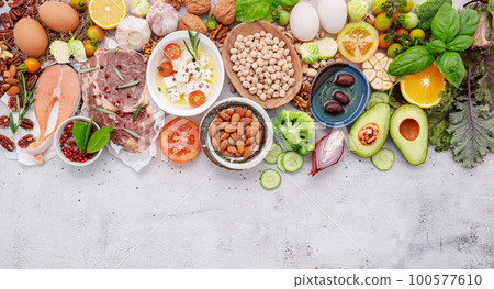 Ketogenic low carbs diet concept. Ingredients for healthy foods selection set up on white concrete background. 100577610