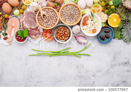 Ketogenic low carbs diet concept. Ingredients for healthy foods selection set up on white concrete background. 100577667